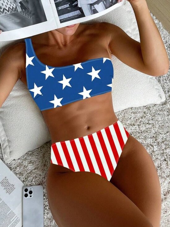 Salty Honey Other - Salty Honey 1-Shoulder Thong Patriotic Bikini Sz M